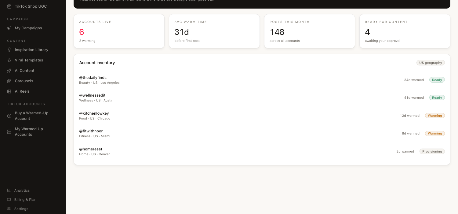 The account inventory in the OverTake app, showing each warmed account's niche, city, days warmed and current state.